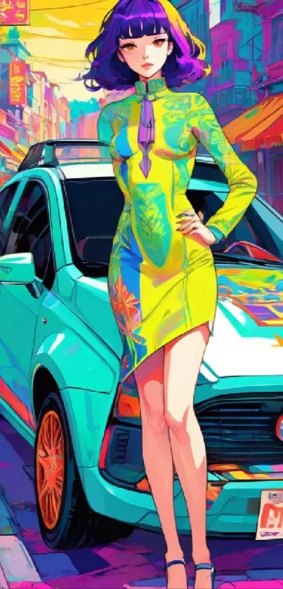 Colorful cyberpunk scene with stylish figure and car.