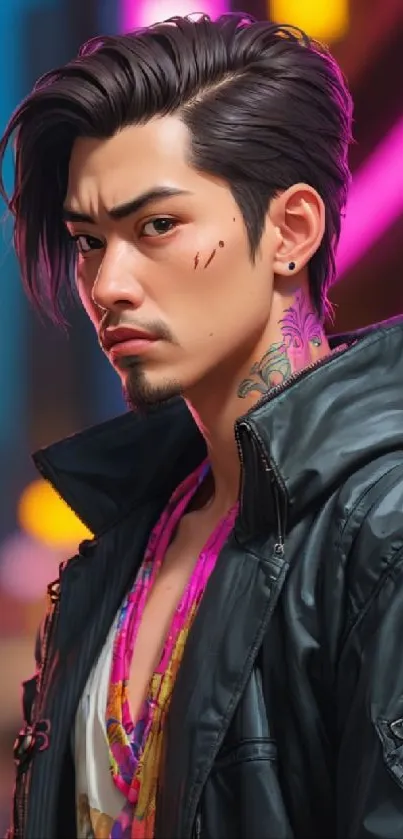 Cyberpunk street style portrait in neon cityscape.