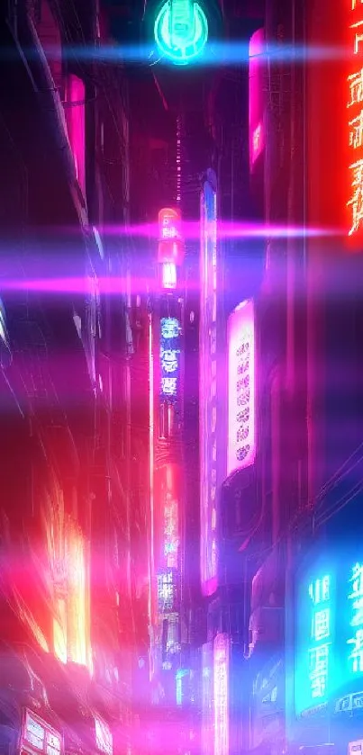 Vibrant cyberpunk city with neon lights and glowing signs in futuristic style.