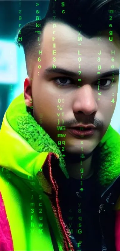 Cyberpunk portrait with neon green design elements.