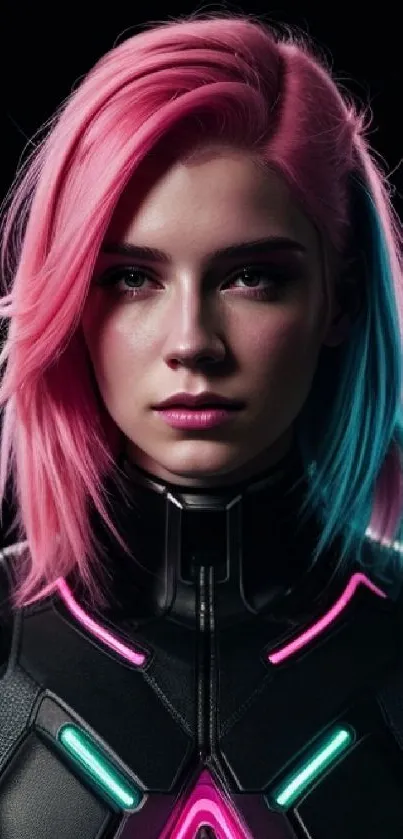 Neon cyberpunk portrait with pink and blue hair in futuristic attire.