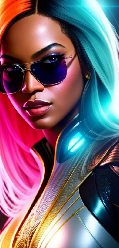 Cyberpunk woman with neon hair and sunglasses in vibrant colors.