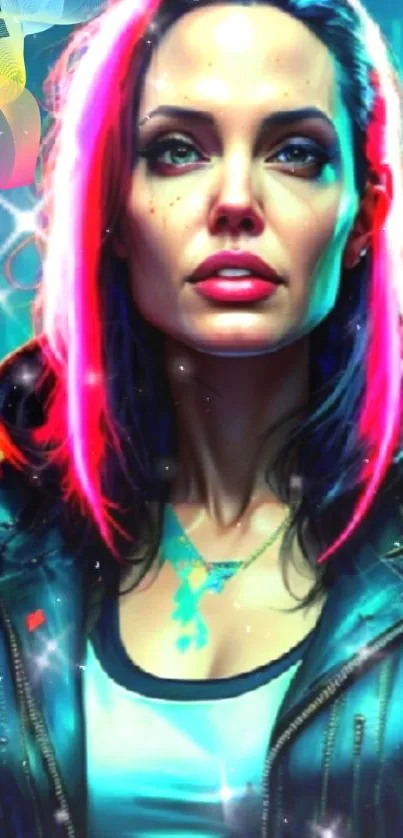 Neon cyberpunk woman in a vibrant digital setting.