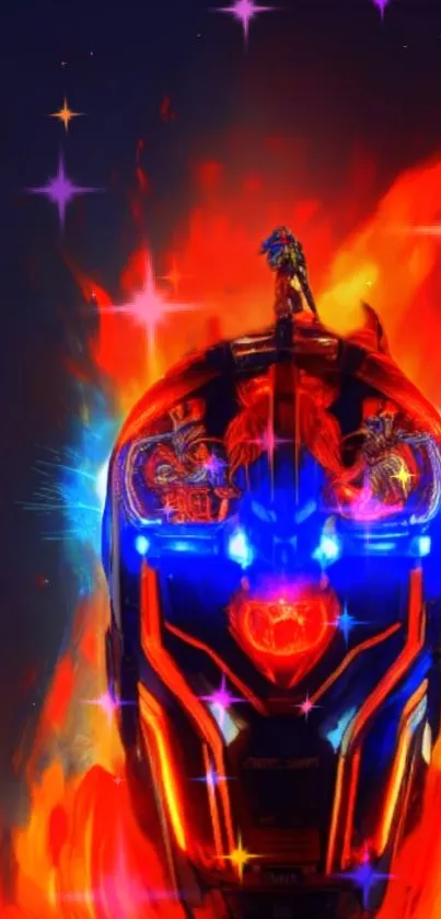 Futuristic helmet with vibrant fiery colors and digital artistry.