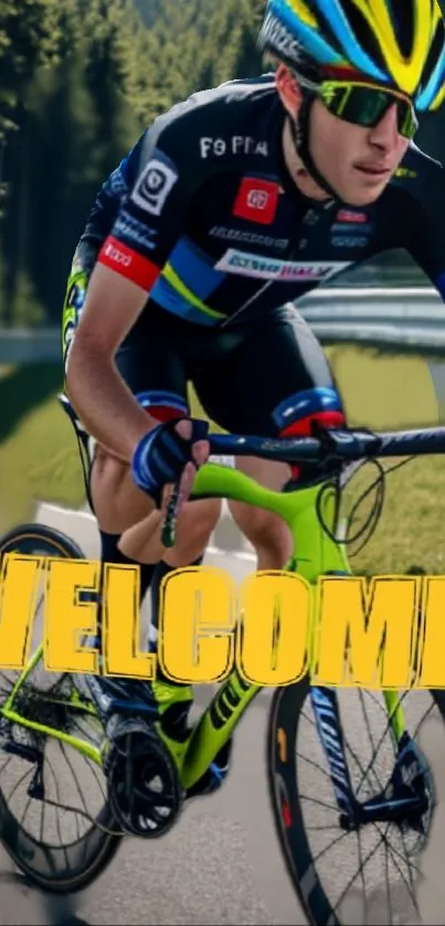 Cyclist in vibrant gear racing on a scenic road with welcome text overlay.