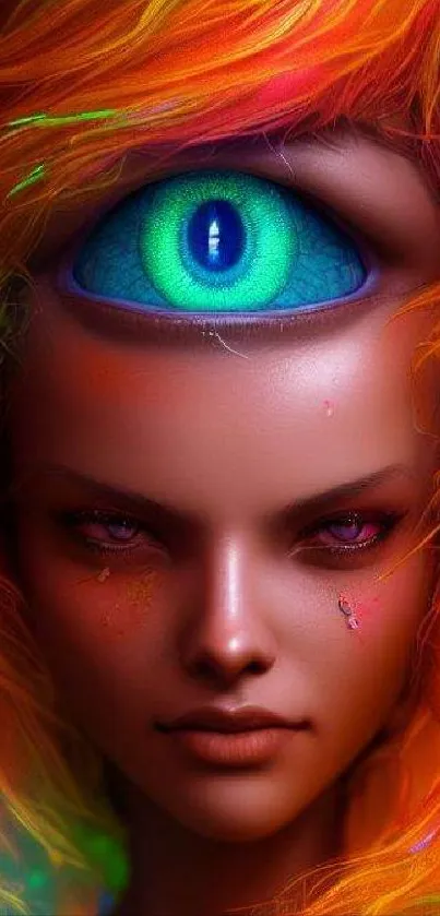 Colorful cyclops fantasy art with neon and surreal elements.