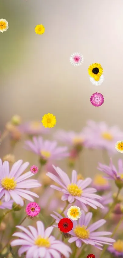 Mobile wallpaper of vibrant daisies with colorful petals in a soft-focused background.