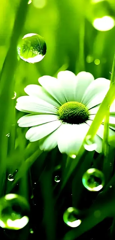 Daisy flower with water droplets on vibrant green background.