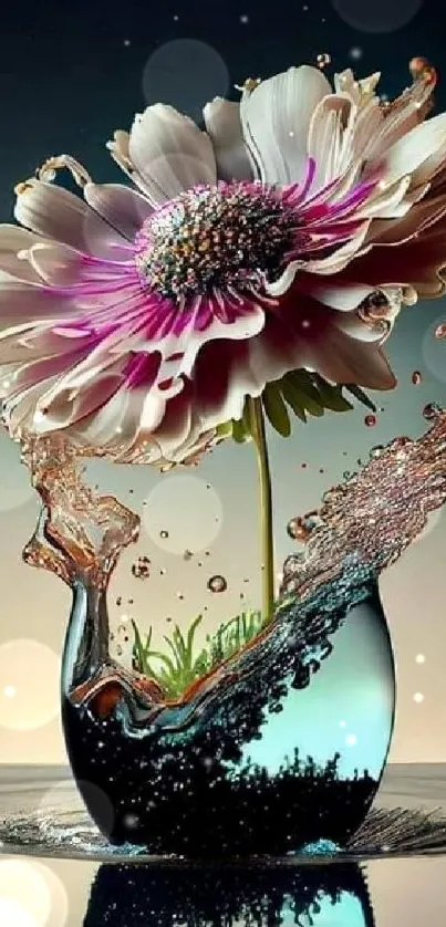 Artistic daisy in water splash wallpaper for mobile.