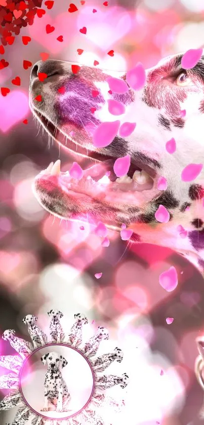 Dalmatian dog surrounded by pink hearts and petals on a vibrant background.