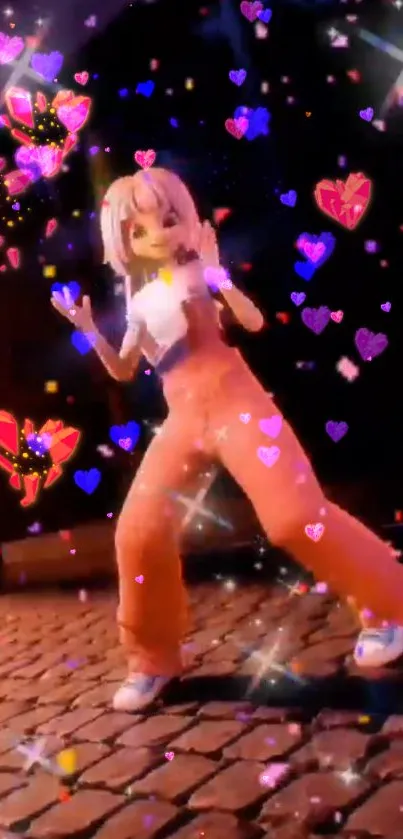 Anime character dancing with colorful floating hearts.