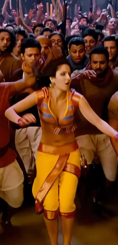 A vibrant dance scene with colorful costumes and energetic movement.