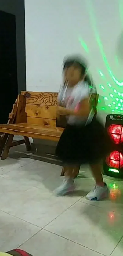 A vibrant dance scene with colorful lights and dynamic movement.
