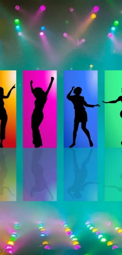 Vibrant silhouettes of dancers with colorful backgrounds and lights.