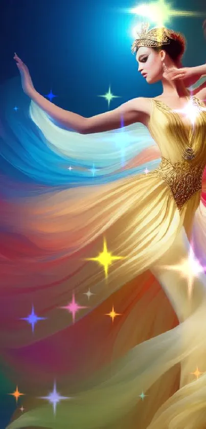 Elegant dancer in vibrant, swirling colors on mobile wallpaper.