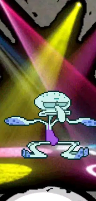 Animated character dancing under colorful spotlights on a mobile wallpaper.