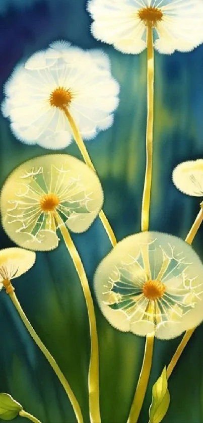 Artistic dandelion design with vibrant colors on green background.