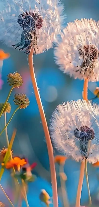Vibrant dandelion and wildflower wallpaper with a blue background.
