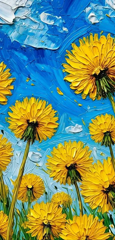 Vibrant dandelions in a textured blue sky painting.