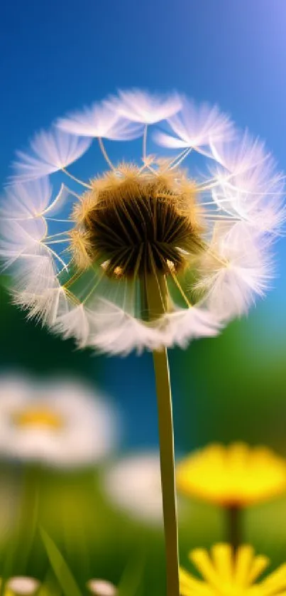 Dandelion under clear blue sky in vibrant field.