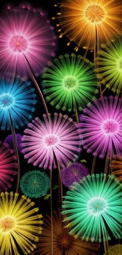 Colorful dandelion fireworks art against a dark background.