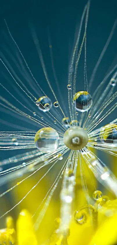 Macro shot of dandelion seed on yellow background.