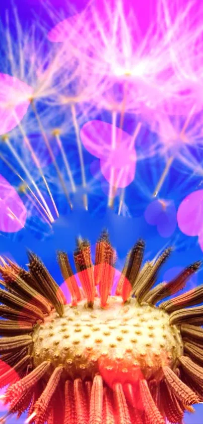 Vibrant dandelion against a deep blue background, showcasing delicate seed details.
