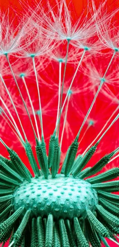 Aqua dandelion with vibrant red background mobile wallpaper.