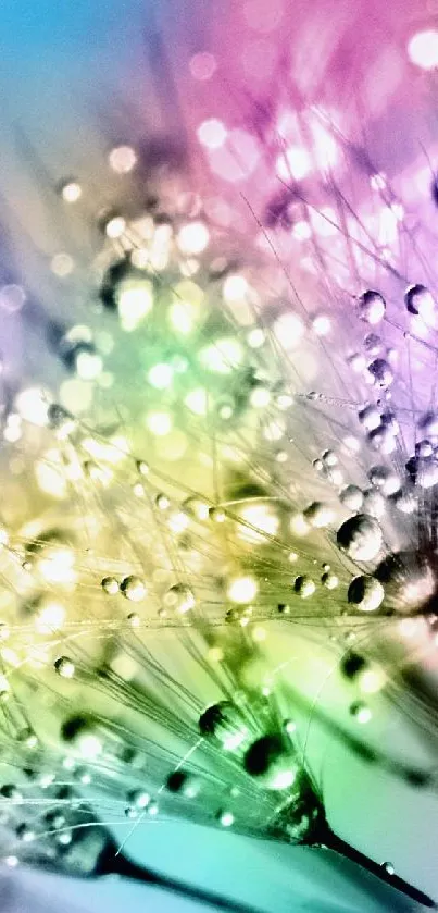 Vibrant dandelion with raindrops in rainbow colors.