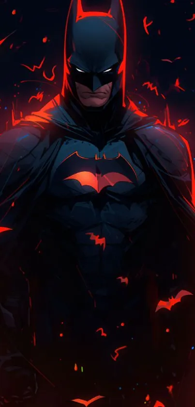 Dynamic Batman digital artwork with vibrant red highlights.