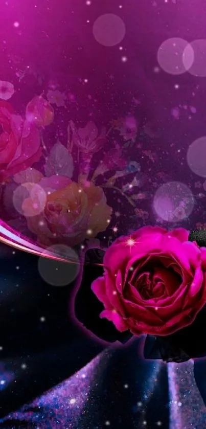 Dark rose wallpaper with magenta hues and galaxy elements.