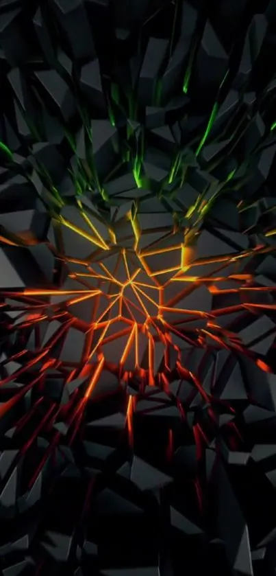 Dynamic shattered glass with fiery colors on a dark background.