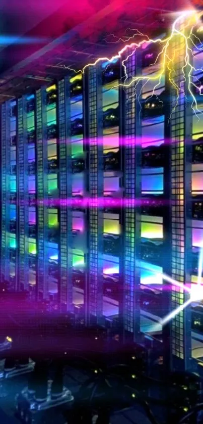 Futuristic server room with vibrant neon lights and lightning effects.