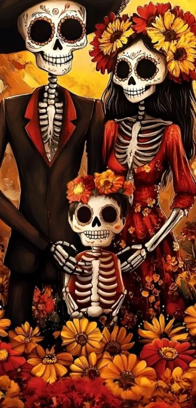 Day of the Dead skeleton family with orange flowers.