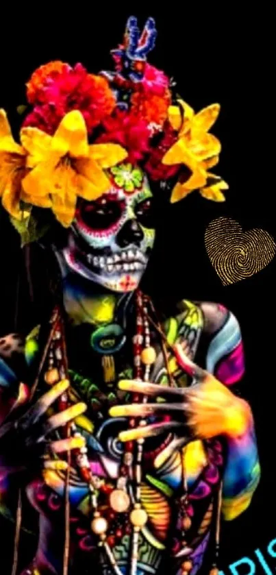 Vibrant Day of the Dead skull artwork with colorful flowers.