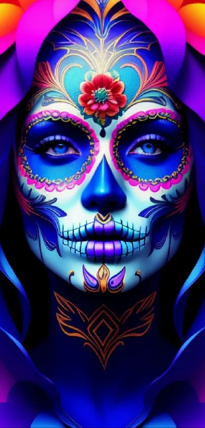 Colorful Day of the Dead themed artwork with floral designs on a blue background.