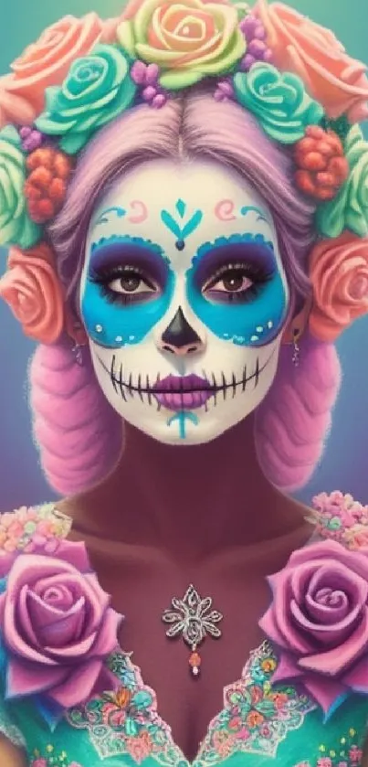 Colorful Day of the Dead wallpaper with floral and skull design.