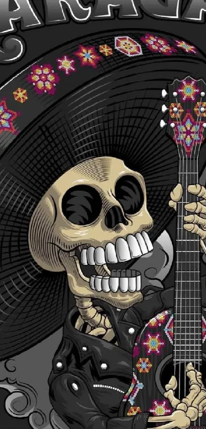 Day of the Dead wallpaper with skeleton guitar.