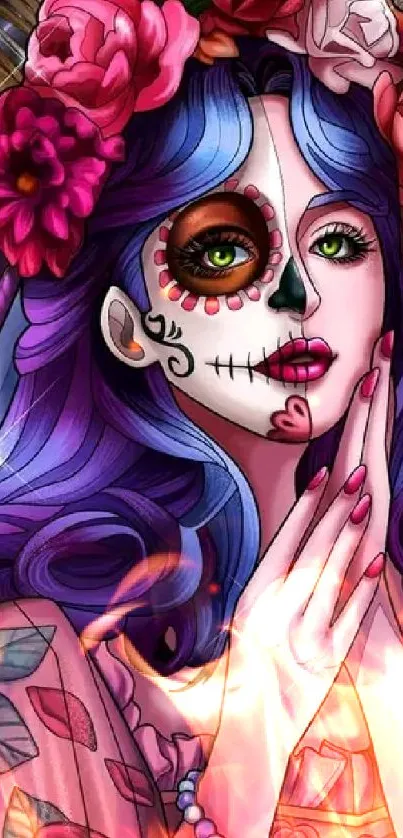 Colorful Day of the Dead art with a floral crown and intricate face paint.