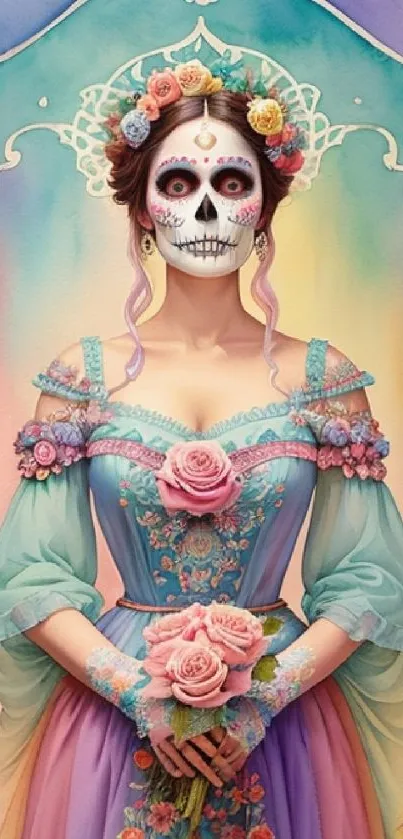 Vibrant Day of the Dead woman with floral decor in colorful pastel tones.