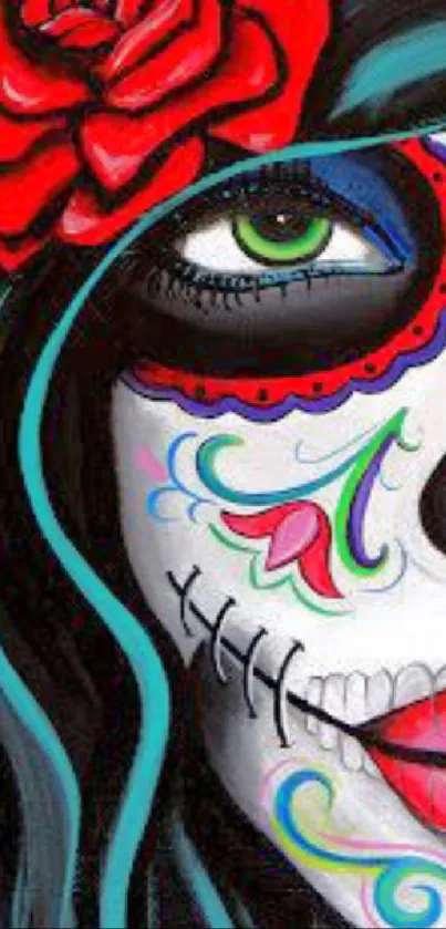 Vibrant Day of the Dead face paint art on wallpaper.