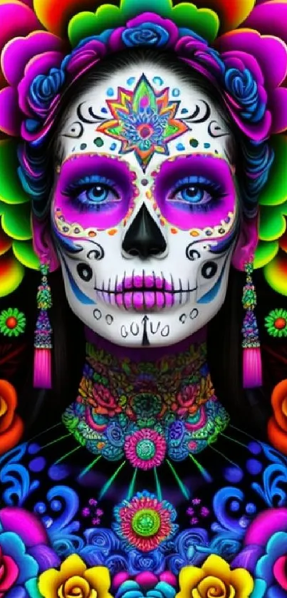 Vibrant Day of the Dead mobile wallpaper with colorful designs.