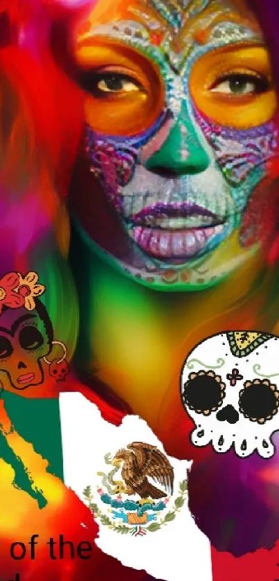 Colorful Day of the Dead wallpaper with sugar skull and Mexican map.