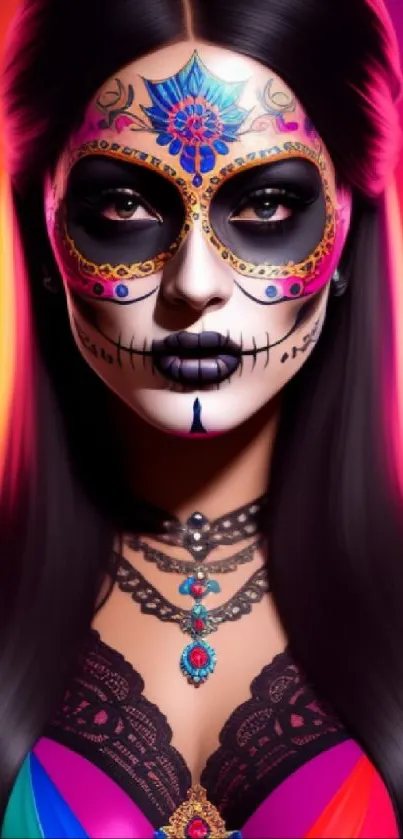 Vibrant Day of the Dead face art with colorful designs in a mobile wallpaper.