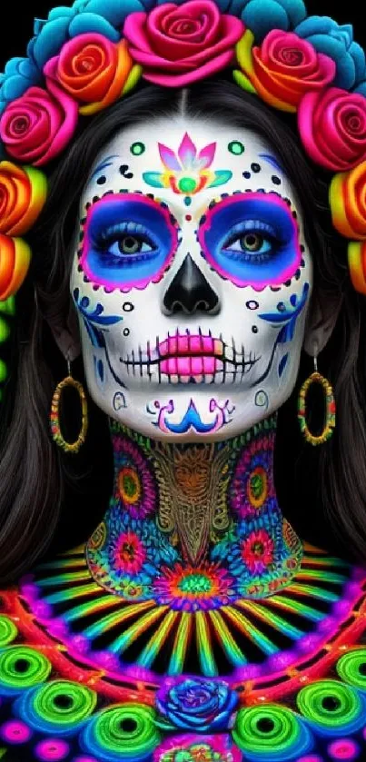 Colorful Day of the Dead skull art with vibrant floral accents on a black background.