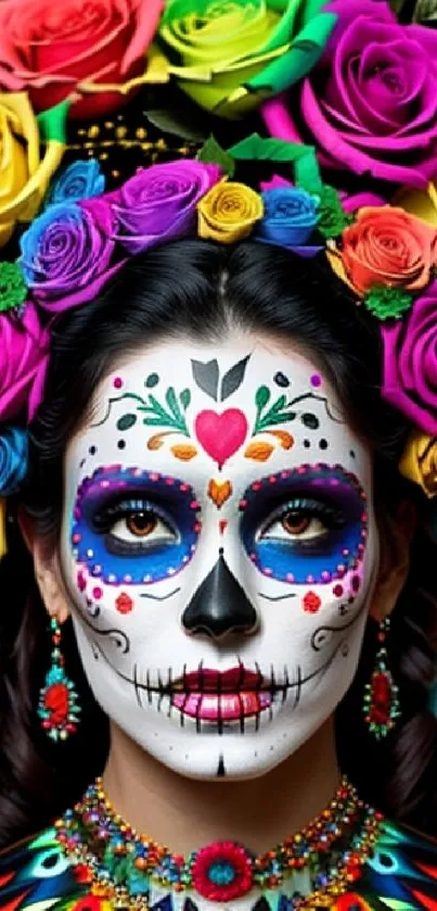 Colorful Day of the Dead sugar skull with vibrant floral headpiece.