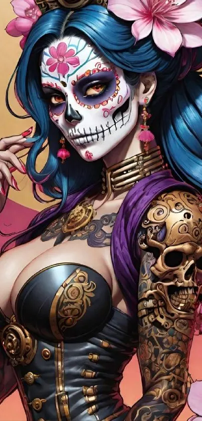 Day of the Dead vibrant art with florals and skulls on mobile wallpaper.