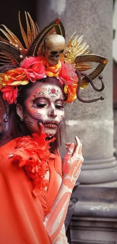 Day of the Dead vibrant art with colorful headdress and intricate face paint.