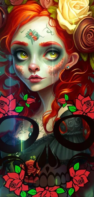 Day of the Dead wallpaper with red-haired figure, roses, and skull design.