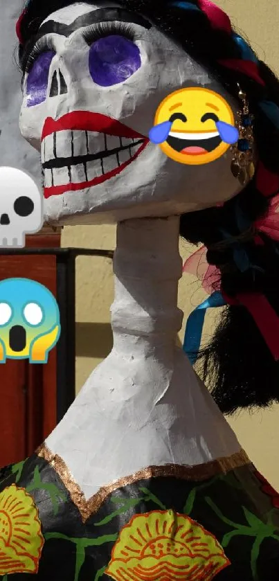 Colorful Day of the Dead skull art with emojis.